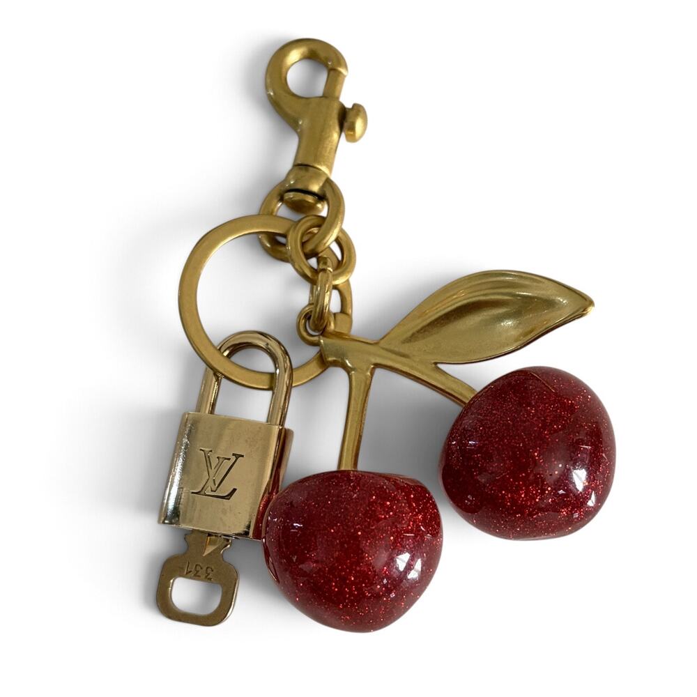 Louis Vuitton Lock & Key #331 w/a Red Glitter Cherry Charm Gold Tone Keychain